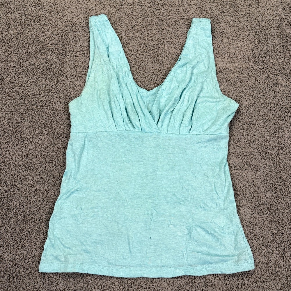 Y2K Babydoll Tank Top Womens Small Blue Crop Ruched Pleated‎ V Neck Made USA VTG